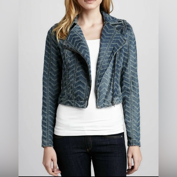 Free People Chevron Herringbone Punched Moto Jean Jacket Sz 4 Get Fall Readyđ! - Picture 12 of 13